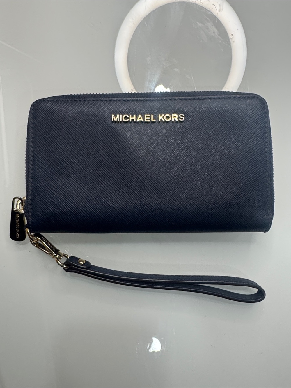 Michael Kors Navy Saffiano Zip-Around Wristlet with Gold Logo